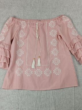 LTX Women's Pink Boho Striped Off-the-Shoulder Embroidered Blouse Size M